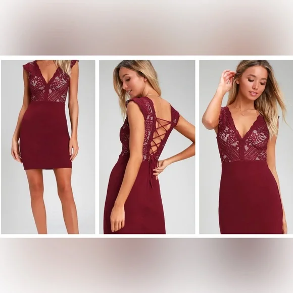 Lulus Dresses Lulus Give A Glam Wine Red Lace Laceup Bodycon